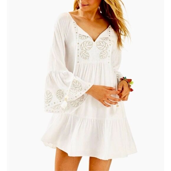 Lilly Pulitzer Amisa Tunic Dress Resort White Embroidered Coverup sz M‎ Bohemian - Picture 2 of 13